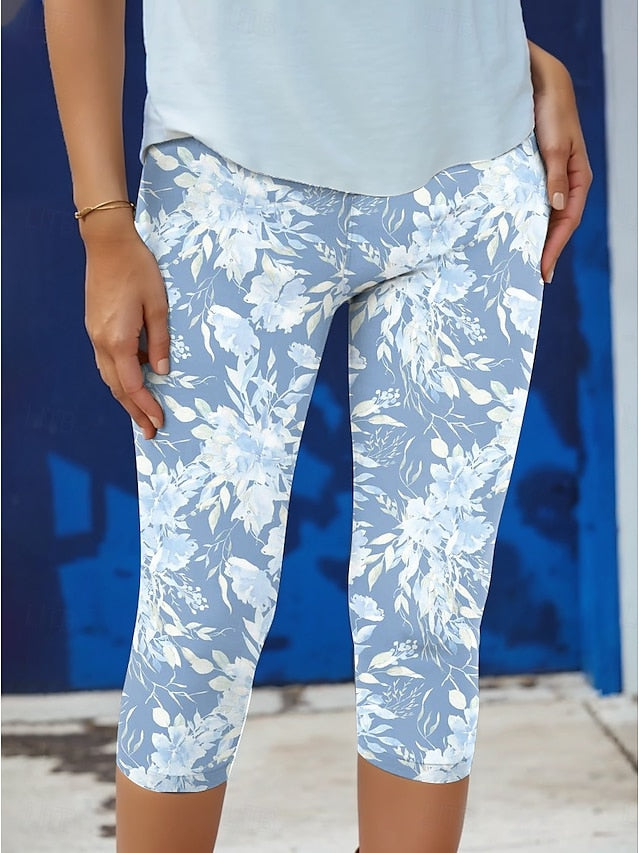 Women's Leggings Capri Pants High Elasticity Vacation Vintage Fashion Calf-Length Mid Waist Floral Graphic Printing Breathable Soft Vacation Casual Daily Robin's Egg Blue Black Deep Blue Light Blue