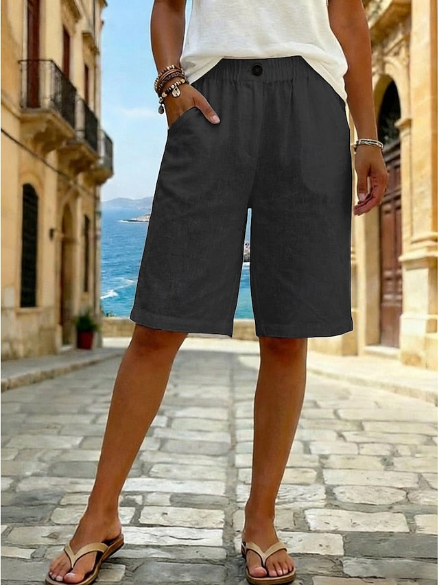 Women's Faux Cotton Linen Shorts Summer Shorts Bermuda shorts Casual Daily Short Mid Waist Plain Side Pockets Breathability Comfortable Inelastic Going out Weekend Black White Yellow Green Summer