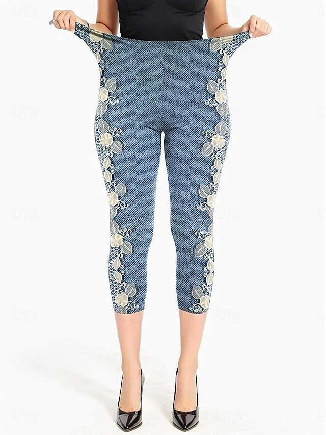 Women's Leggings Capri Pants High Elasticity Vacation Fashion Hawaiian Calf-Length Mid Waist Floral Graphic Printing Breathable Soft Vacation Casual Daily Light Blue Summer Spring Regular Fit
