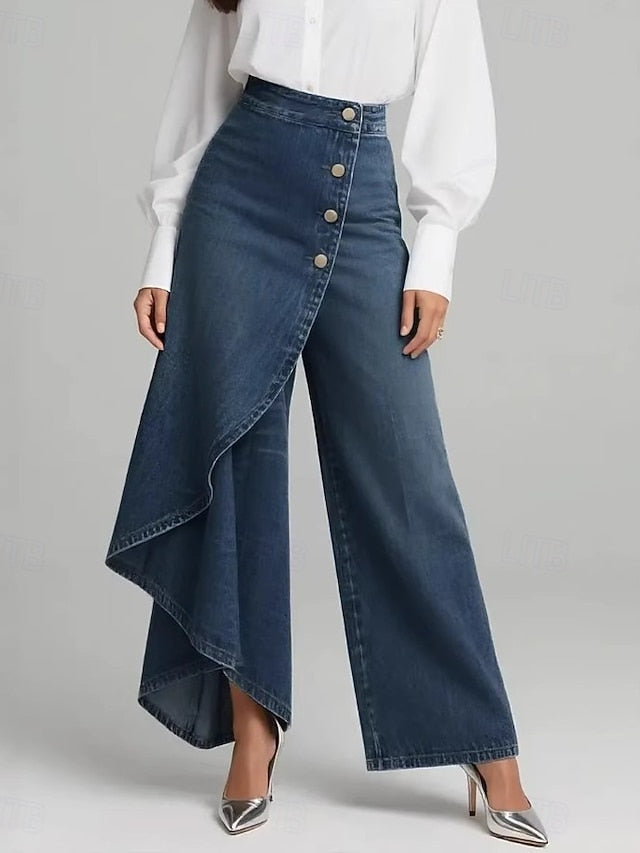 Women's Wide Leg Vacation Basic Full Length Mid Waist Inelastic Vacation Street Causal Blue Black Deep Blue Spring Loose Fit
