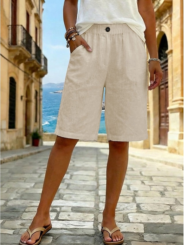 Women's Faux Cotton Linen Shorts Summer Shorts Bermuda shorts Casual Daily Short Mid Waist Plain Side Pockets Breathability Comfortable Inelastic Going out Weekend Black White Yellow Green Summer