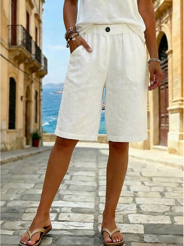 Women's Faux Cotton Linen Shorts Summer Shorts Bermuda shorts Casual Daily Short Mid Waist Plain Side Pockets Breathability Comfortable Inelastic Going out Weekend Black White Yellow Green Summer