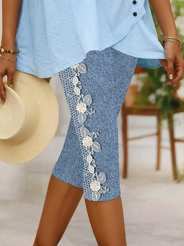 Women's Leggings Capri Pants High Elasticity Vacation Vintage Fashion Calf-Length Mid Waist Floral Graphic Printing Breathable Soft Vacation Casual Daily Robin's Egg Blue Black Deep Blue Light Blue