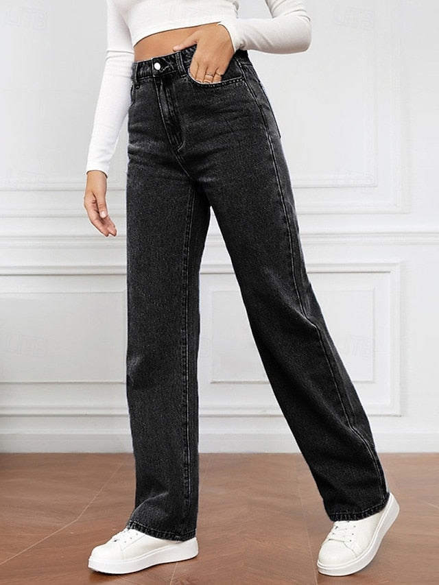 Women's Jeans Chinos Straight Vacation Vintage Streetwear Full Length Medium Waist Plain Pocket Elastic Waist Comfortable Inelastic Micro-elastic Daily Outdoor Street Navy Black Light Blue Fall Winter