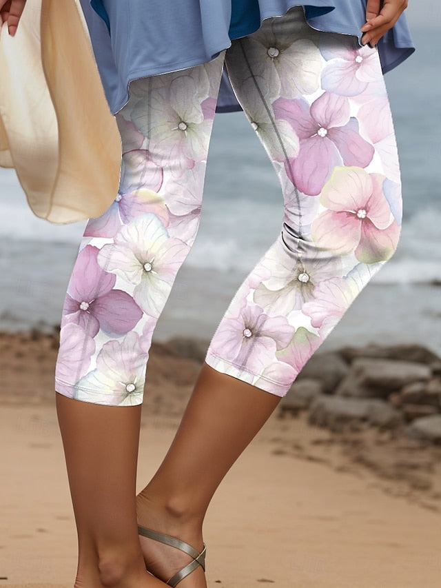 Women's Leggings Capri Pants High Elasticity Vacation Vintage Fashion Calf-Length Mid Waist Floral Graphic Printing Breathable Soft Vacation Casual Daily Robin's Egg Blue Black Deep Blue Light Blue
