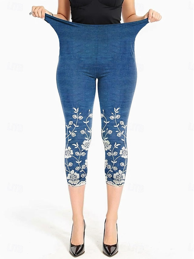 Women's Leggings Capri Pants High Elasticity Vacation Vintage Fashion Calf-Length Mid Waist Floral Graphic Printing Breathable Soft Vacation Casual Daily Robin's Egg Blue Black Deep Blue Light Blue