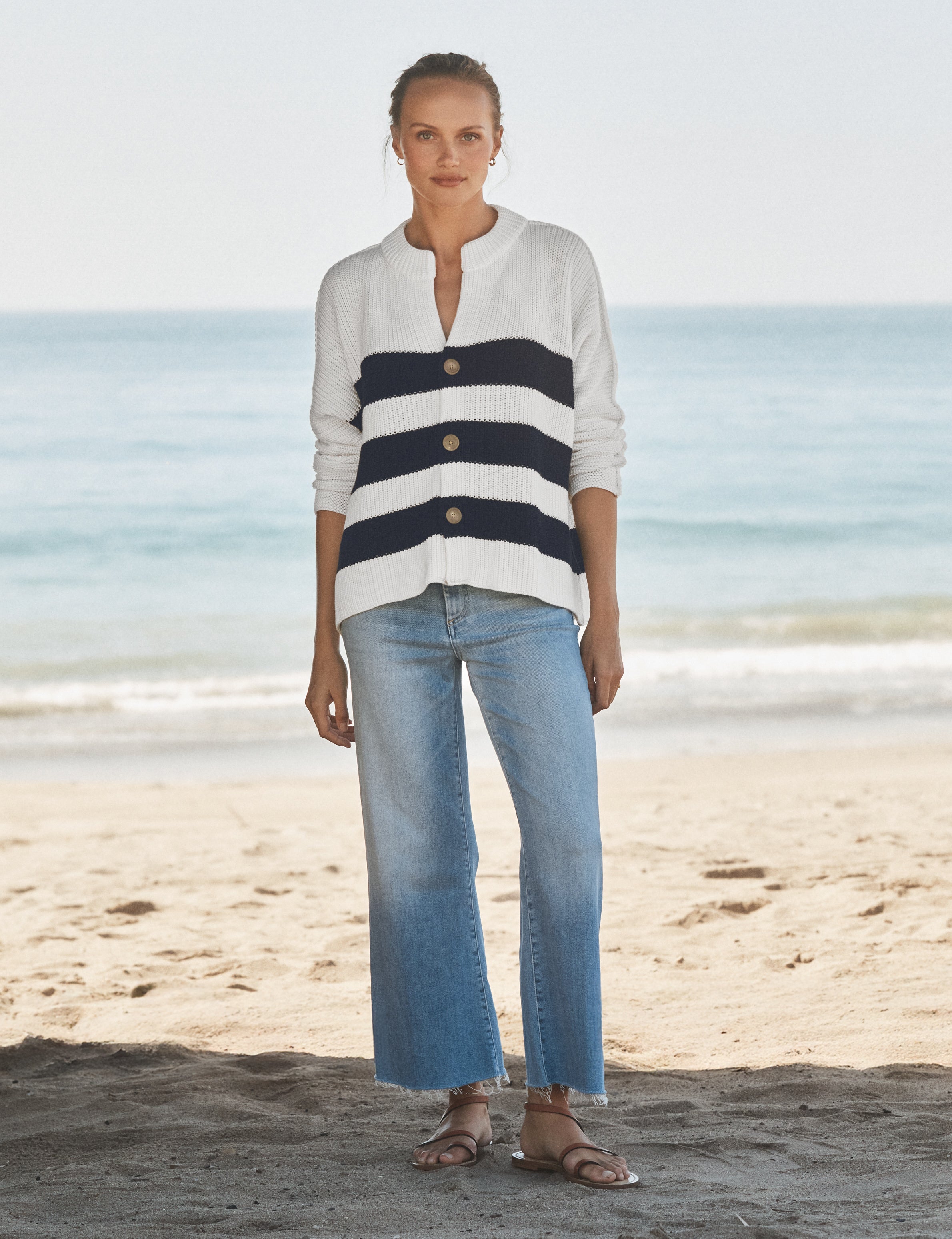 MONTECITO CARDIGAN White and Navy Stripe, Pure Italian Cotton