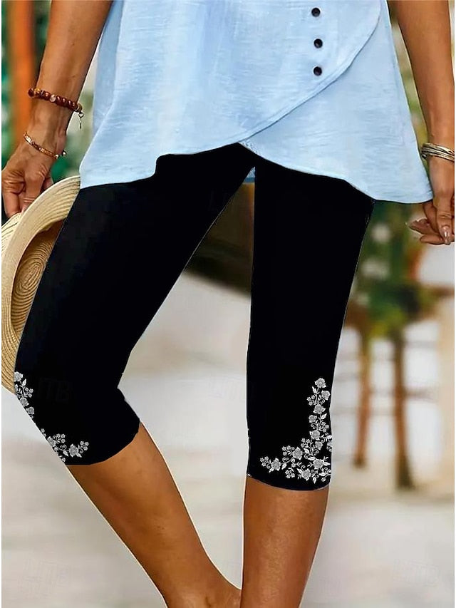 Women's Leggings Capri Pants High Elasticity Vacation Fashion Hawaiian Calf-Length Mid Waist Floral Graphic Printing Breathable Soft  Vacation Casual Daily Light Blue Summer Spring Regular Fit