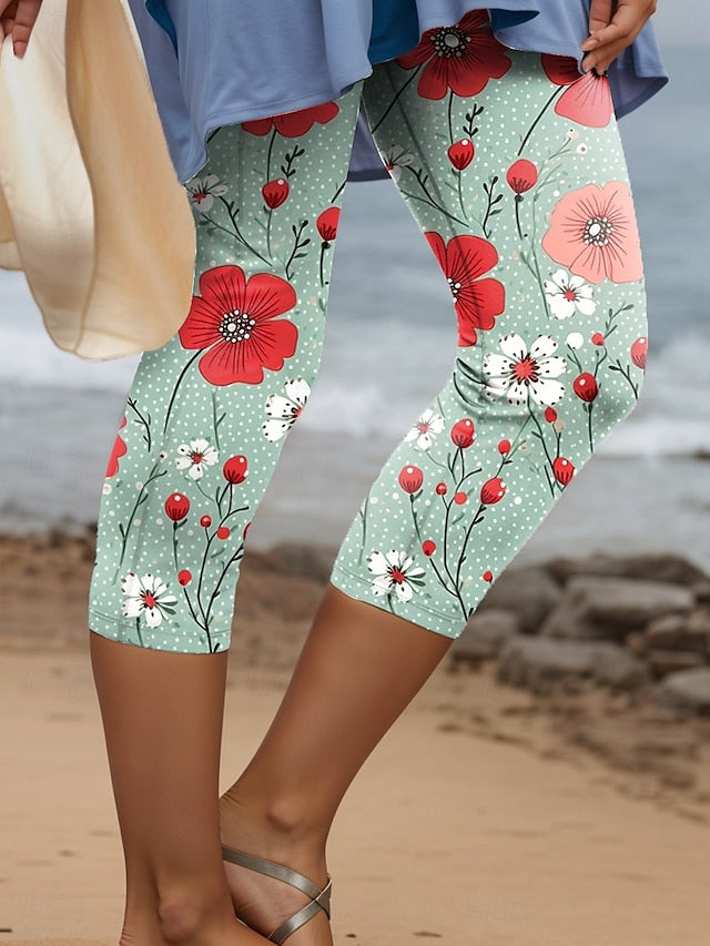 Women's Leggings Capri Pants High Elasticity Vacation Fashion Hawaiian Calf-Length Mid Waist Floral Graphic Printing Breathable Soft  Vacation Casual Daily Light Blue Summer Spring Regular Fit
