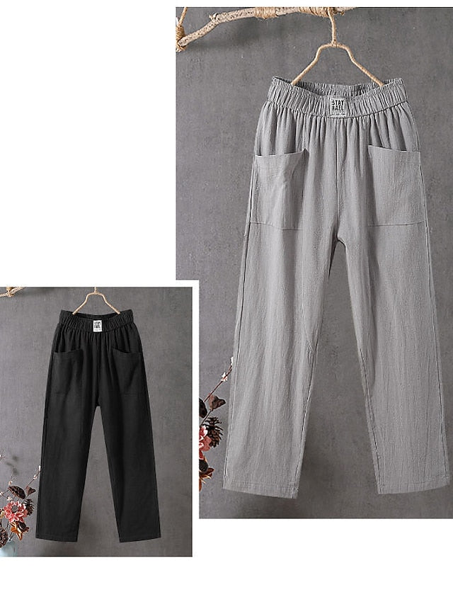 Women's Cotton Linen Pants Slacks Baggy Pants Cropped Pants Solid Classic Ankle-Length Mid Waist Pocket Baggy Elastic Drawstring Design Comfort Breathability Soft Micro-elastic Casual Dailywear Black