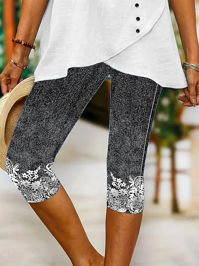 Women's Leggings Capri Pants High Elasticity Vacation Vintage Fashion Calf-Length Mid Waist Floral Graphic Printing Breathable Soft  Vacation Casual Daily Robin's Egg Blue Black Deep Blue Light Blue