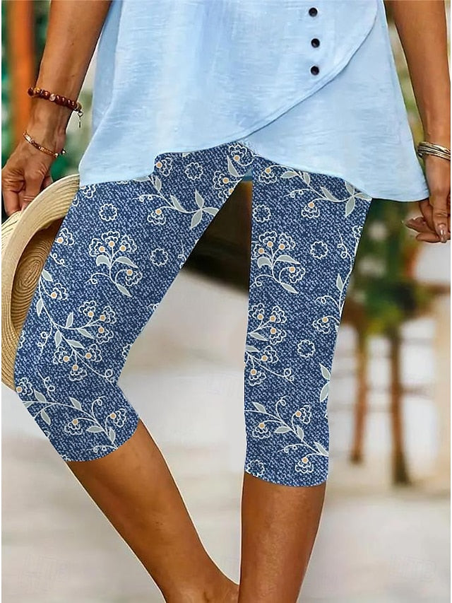 Women's Leggings Capri Pants High Elasticity Vacation Vintage Fashion Calf-Length Mid Waist Floral Graphic Printing Breathable Soft  Vacation Casual Daily Robin's Egg Blue Black Deep Blue Light Blue