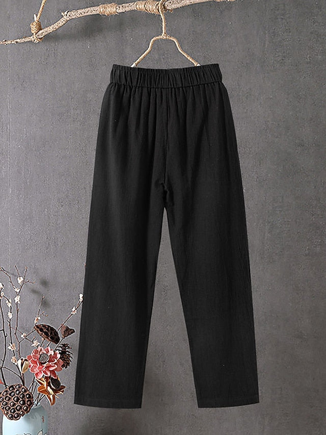 Women's Cotton Linen Pants Slacks Baggy Pants Cropped Pants Solid Classic Ankle-Length Mid Waist Pocket Baggy Elastic Drawstring Design Comfort Breathability Soft Micro-elastic Casual Dailywear Black