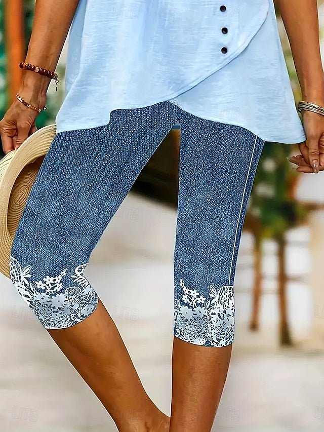 Women's Leggings Capri Pants High Elasticity Vacation Fashion Hawaiian Calf-Length Mid Waist Floral Graphic Printing Breathable Soft  Vacation Casual Daily Light Blue Summer Spring Regular Fit