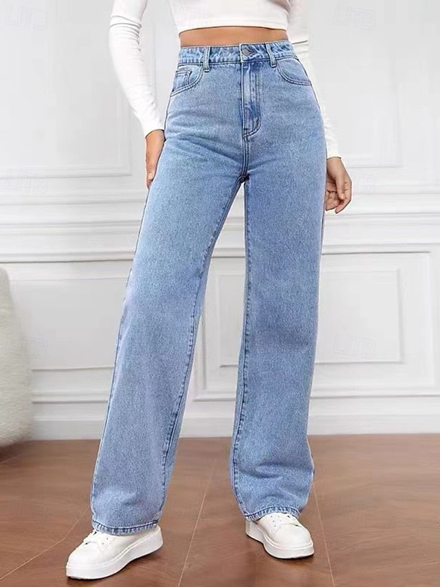 Women's Jeans Chinos Straight Vacation Vintage Streetwear Full Length Medium Waist Plain Pocket Elastic Waist Comfortable Inelastic Micro-elastic Daily Outdoor Street Navy Black Light Blue Fall Winter