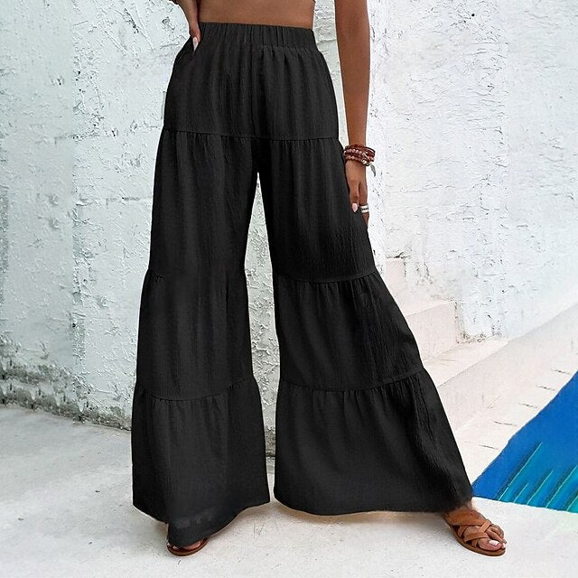 Women's Trousers Summer Pants Beach Pants Casual Pants Vacation Fashion Casual Daily Full Length High Waist Solid Color Plain Wide Leg Elastic Waistband Comfort Lightweight Soft Micro-elastic