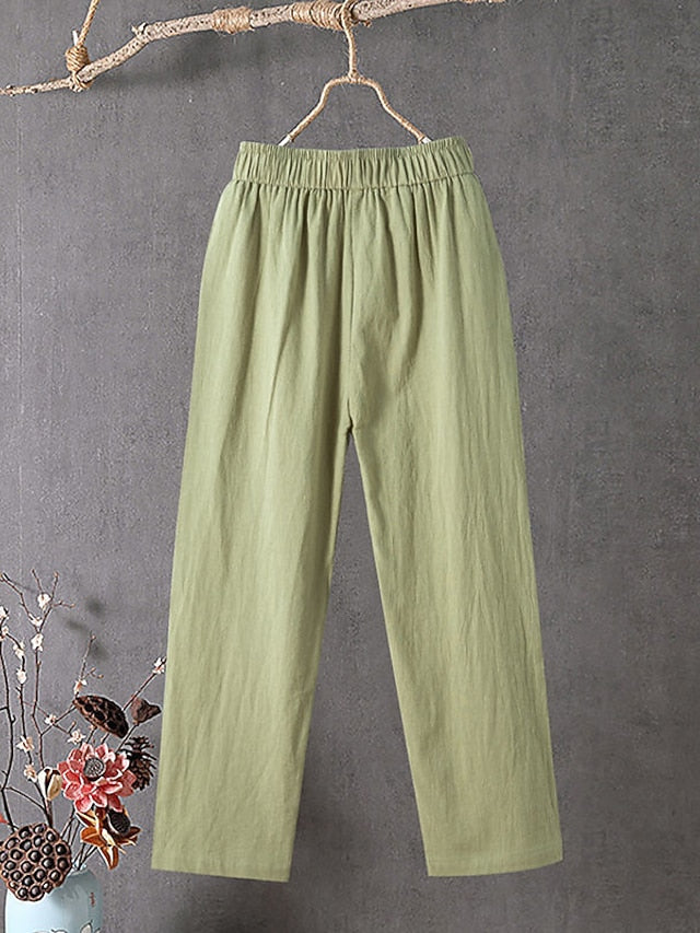 Women's Cotton Linen Pants Slacks Baggy Pants Cropped Pants Solid Classic Ankle-Length Mid Waist Pocket Baggy Elastic Drawstring Design Comfort Breathability Soft Micro-elastic Casual Dailywear Black