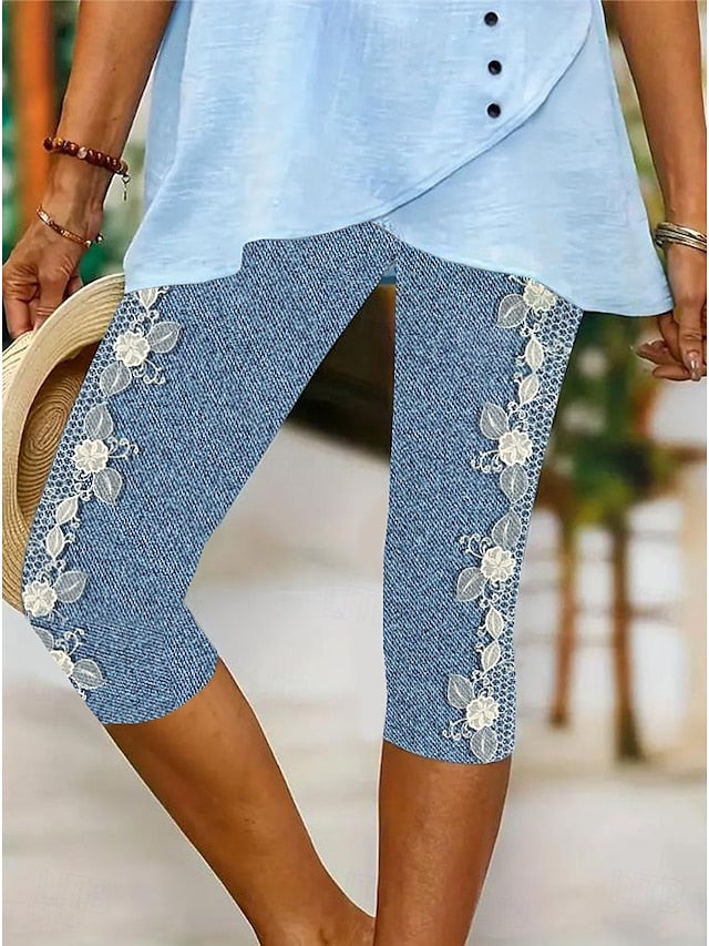 Women's Leggings Capri Pants High Elasticity Vacation Fashion Hawaiian Calf-Length Mid Waist Floral Graphic Printing Breathable Soft  Vacation Casual Daily Light Blue Summer Spring Regular Fit