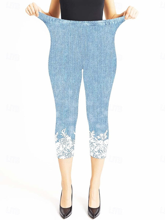 Women's Leggings Capri Pants High Elasticity Vacation Fashion Hawaiian Calf-Length Mid Waist Floral Graphic Printing Breathable Soft  Vacation Casual Daily Light Blue Summer Spring Regular Fit