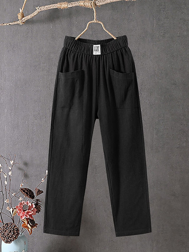 Women's Cotton Linen Pants Slacks Baggy Pants Cropped Pants Solid Classic Ankle-Length Mid Waist Pocket Baggy Elastic Drawstring Design Comfort Breathability Soft Micro-elastic Casual Dailywear Black
