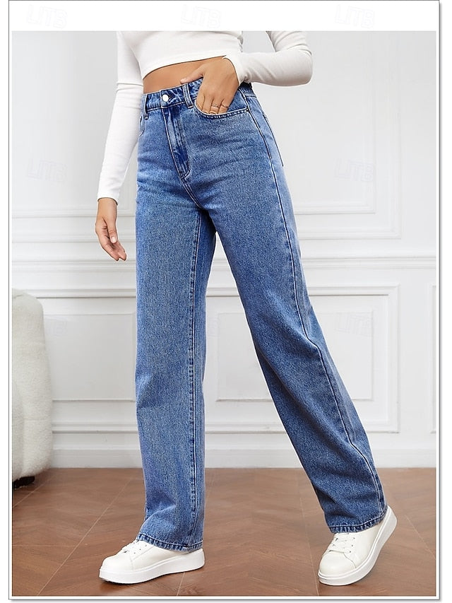 Women's Jeans Chinos Straight Vacation Vintage Streetwear Full Length Medium Waist Plain Pocket Elastic Waist Comfortable Inelastic Micro-elastic Daily Outdoor Street Navy Black Light Blue Fall Winter