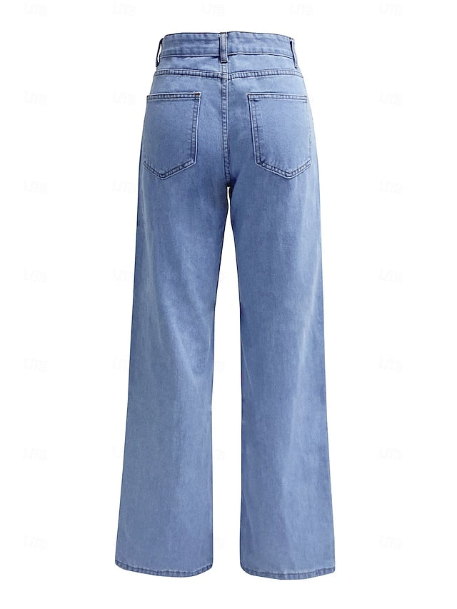 Women's Jeans Chinos Straight Vacation Vintage Streetwear Full Length Medium Waist Plain Pocket Elastic Waist Comfortable Inelastic Micro-elastic Daily Outdoor Street Navy Black Light Blue Fall Winter
