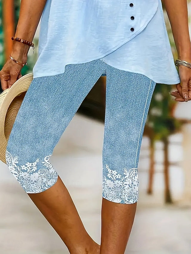 Women's Leggings Capri Pants High Elasticity Vacation Vintage Fashion Calf-Length Mid Waist Floral Graphic Printing Breathable Soft  Vacation Casual Daily Robin's Egg Blue Black Deep Blue Light Blue