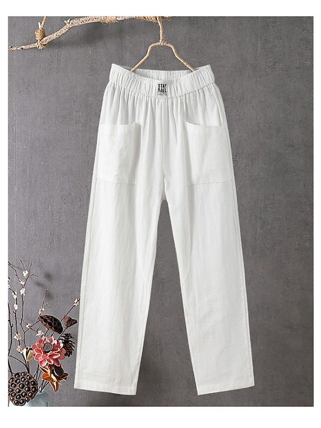 Women's Cotton Linen Pants Slacks Baggy Pants Cropped Pants Solid Classic Ankle-Length Mid Waist Pocket Baggy Elastic Drawstring Design Comfort Breathability Soft Micro-elastic Casual Dailywear Black