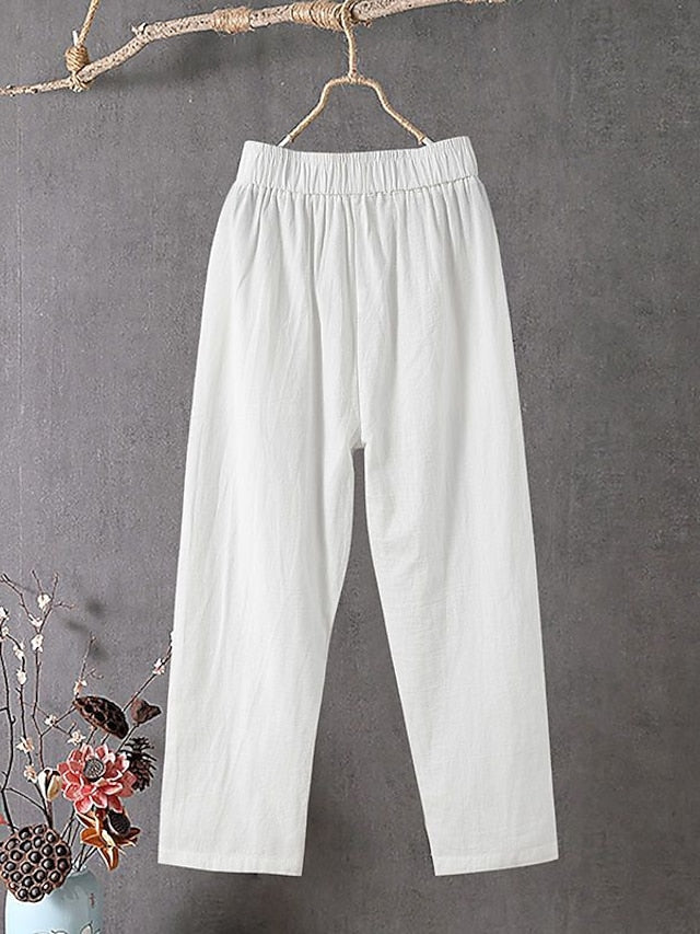 Women's Cotton Linen Pants Slacks Baggy Pants Cropped Pants Solid Classic Ankle-Length Mid Waist Pocket Baggy Elastic Drawstring Design Comfort Breathability Soft Micro-elastic Casual Dailywear Black