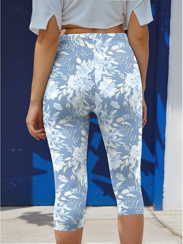 Women's Leggings Capri Pants High Elasticity Vacation Vintage Fashion Calf-Length Mid Waist Floral Graphic Printing Breathable Soft  Vacation Casual Daily Robin's Egg Blue Black Deep Blue Light Blue